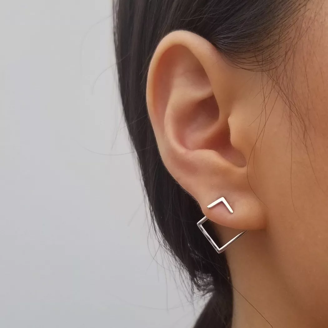 Modern women's geometric sterling silver stud earrings, minimalist everyday jewelry.