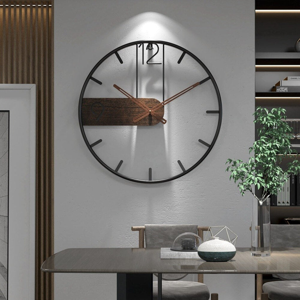 Modern wood & steel wall clock, elegant contemporary design for living room or office decor. Silent timepiece.