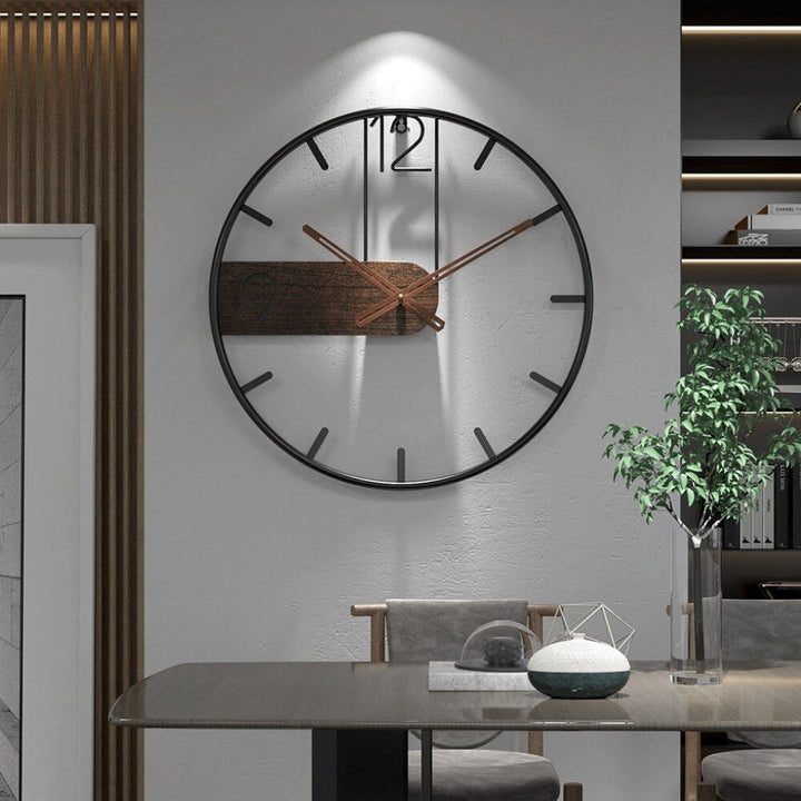 Modern wood & steel wall clock, elegant contemporary design for living room or office decor. Silent timepiece.