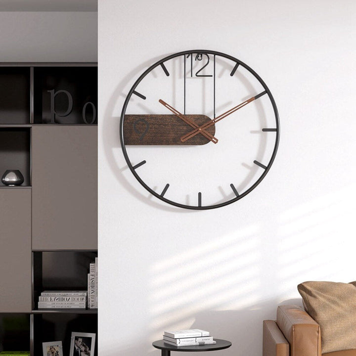 Large modern wall clock crafted from decorative wood & steel. Elegant statement piece for contemporary home decor.