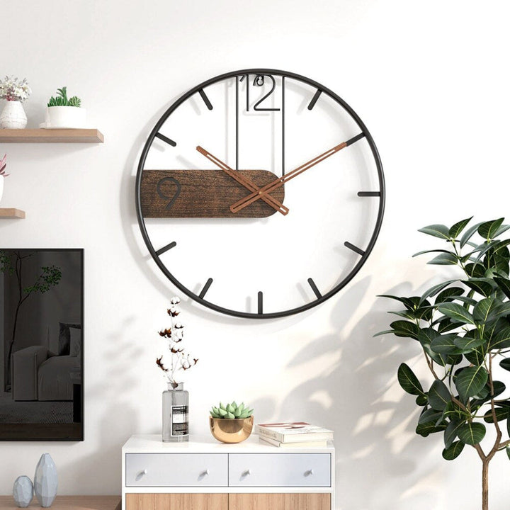 Elegant modern wood & steel wall clock with silent movement, perfect for contemporary home or office decor.