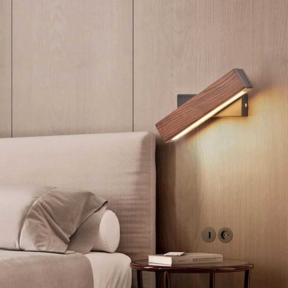 Modern wooden LED wall lamp with adjustable light and rotating function, ideal for living room decor.