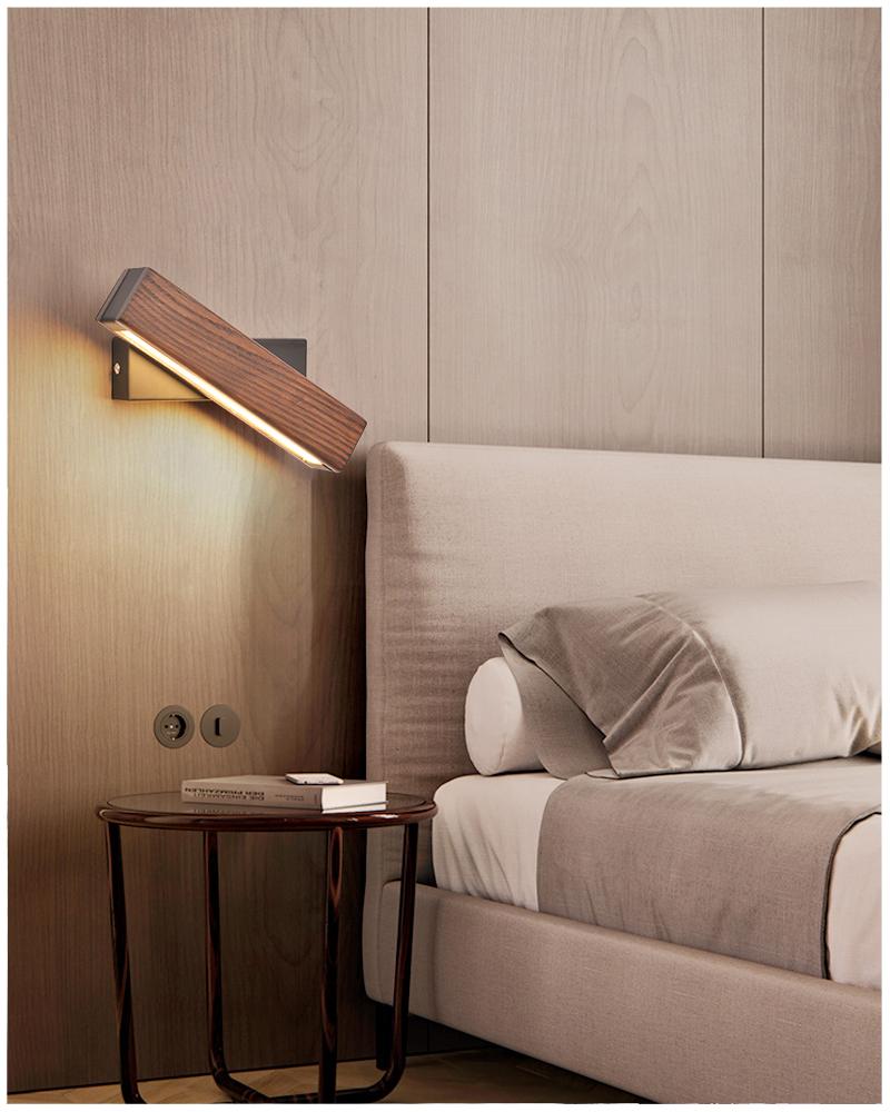 Adjustable wooden LED wall lamp for modern decor, a stylish and energy-efficient indoor lighting solution.
