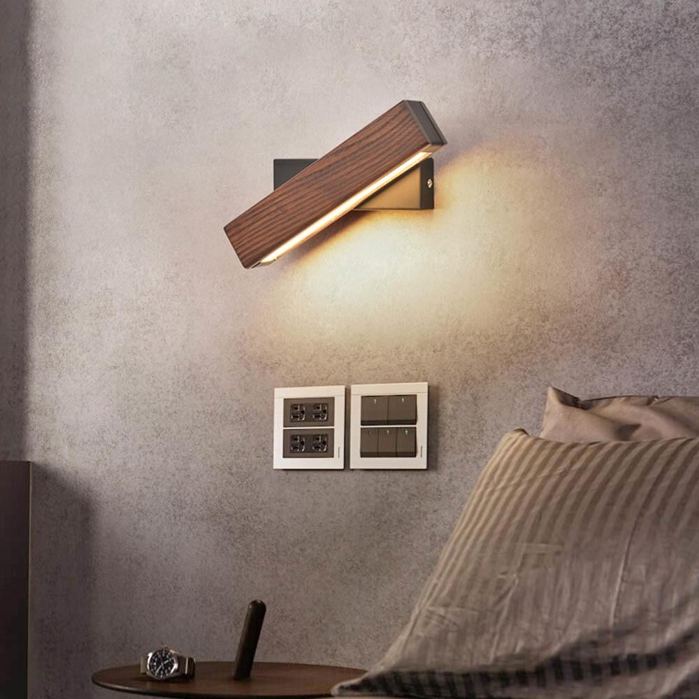 Energy-efficient LED wall lamp, natural wood finish, adjustable for bedroom & living room contemporary decor.