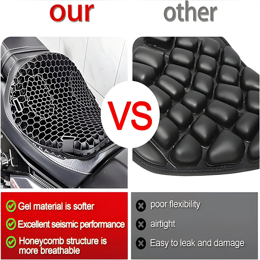 Ergonomic black motorcycle gel seat pad designed for long rides, offering comfort and shock absorption.