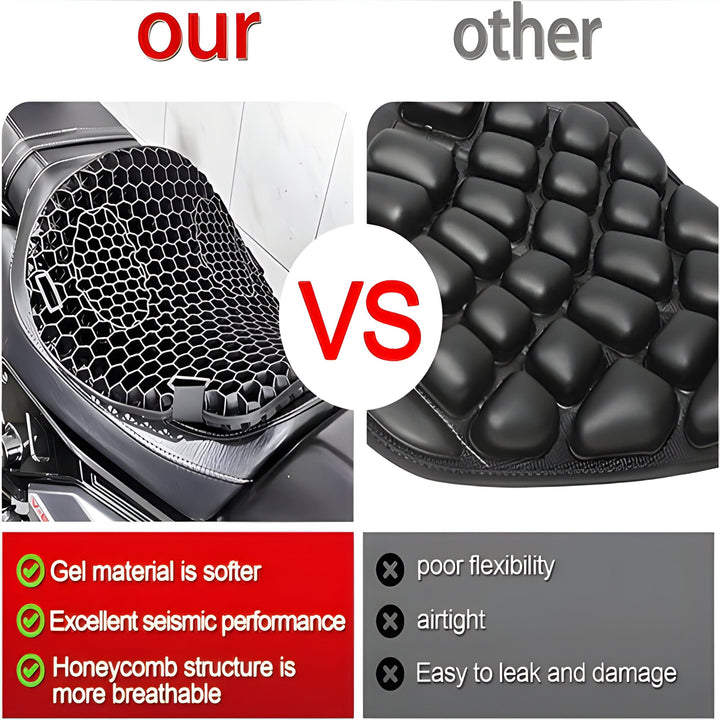 Ergonomic black motorcycle gel seat pad designed for long rides, offering comfort and shock absorption.