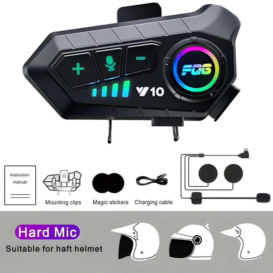 Compact Bluetooth headset mounted on a motorcycle helmet, enabling hands-free rider communication & audio.