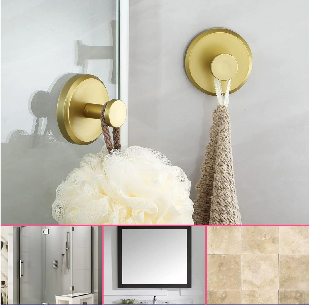 Lifestyle shot of Mountique 4-piece metal wall hooks in a contemporary bathroom, space saving design