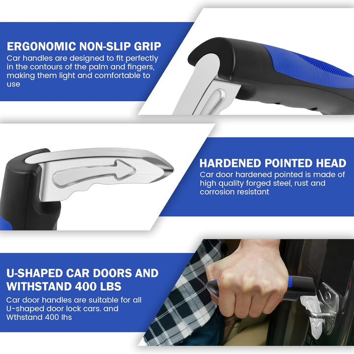 Moventa car assist handles displayed with their integrated emergency tools, auto safety solution