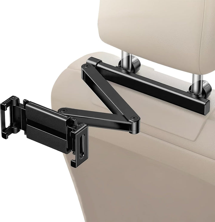 Adjustable car headrest mount by Movira, securely holding a tablet for backseat viewing on long trips.