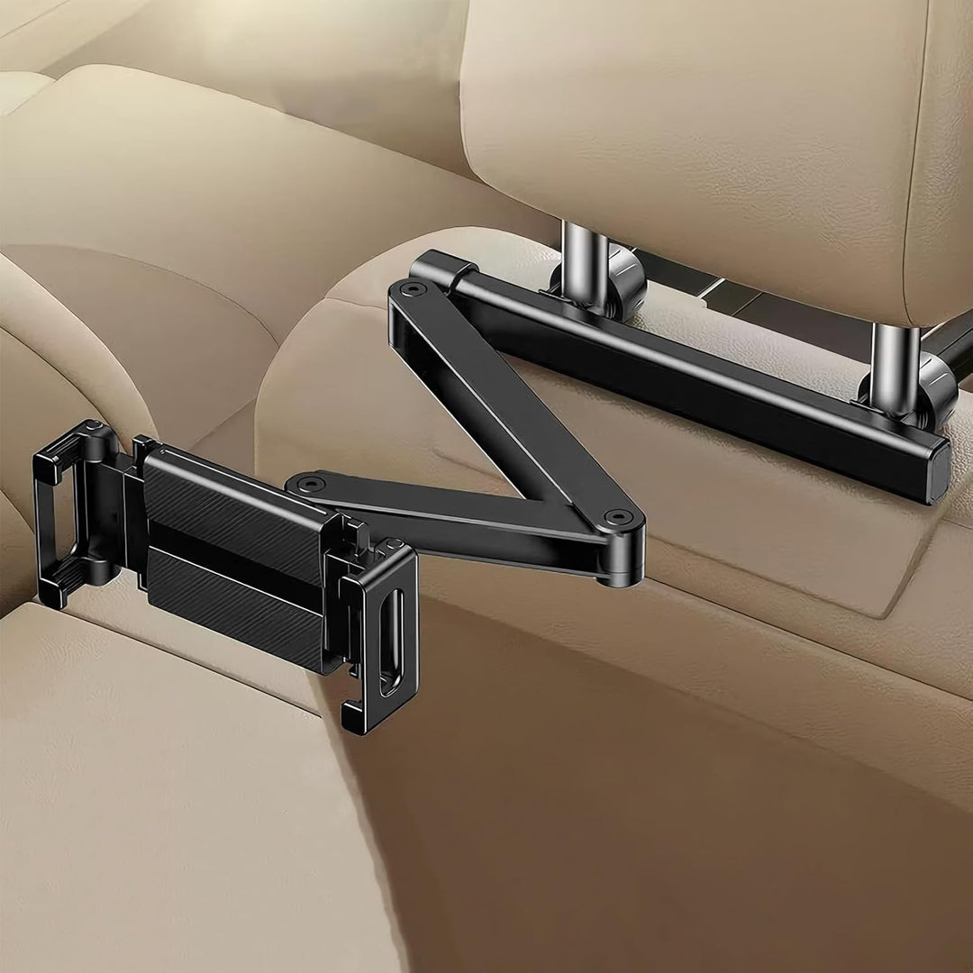 Movira tablet holder attached to a car headrest, showcasing its universal fit for various devices.