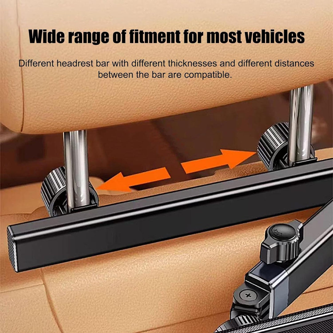 Portable Movira car headrest mount, ideal for backseat entertainment, fits most phones & tablets.