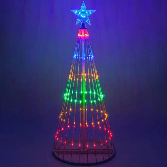 Multicolor LED animated outdoor Christmas tree lightshow. Perfect for festive holiday garden decor.