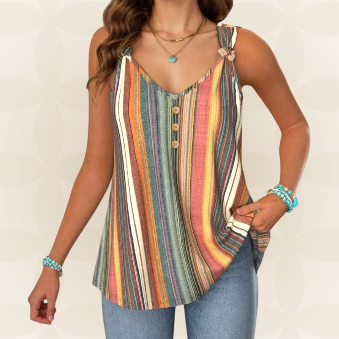Multicolor striped women's sleeveless V-neck top with stylish button details, perfect for casual summer fashion.