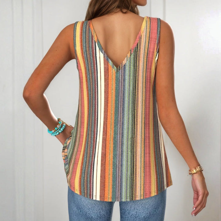 A-line striped sleeveless top for women featuring a V-neck, button accents, and trendy tie-shoulder straps.