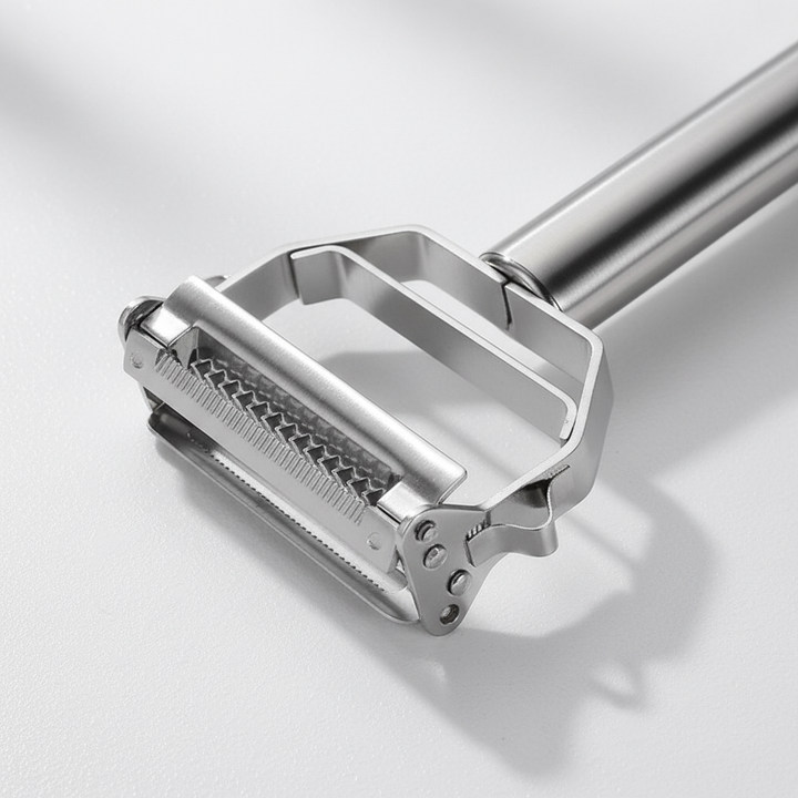 Versatile kitchen gadget: stainless steel peeler and julienne slicer for efficient food prep.