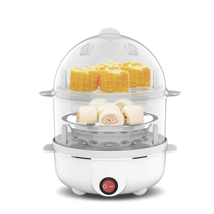 Multifunctional electric egg cooker and food steamer for healthy breakfast, meal prep & versatile kitchen cooking.