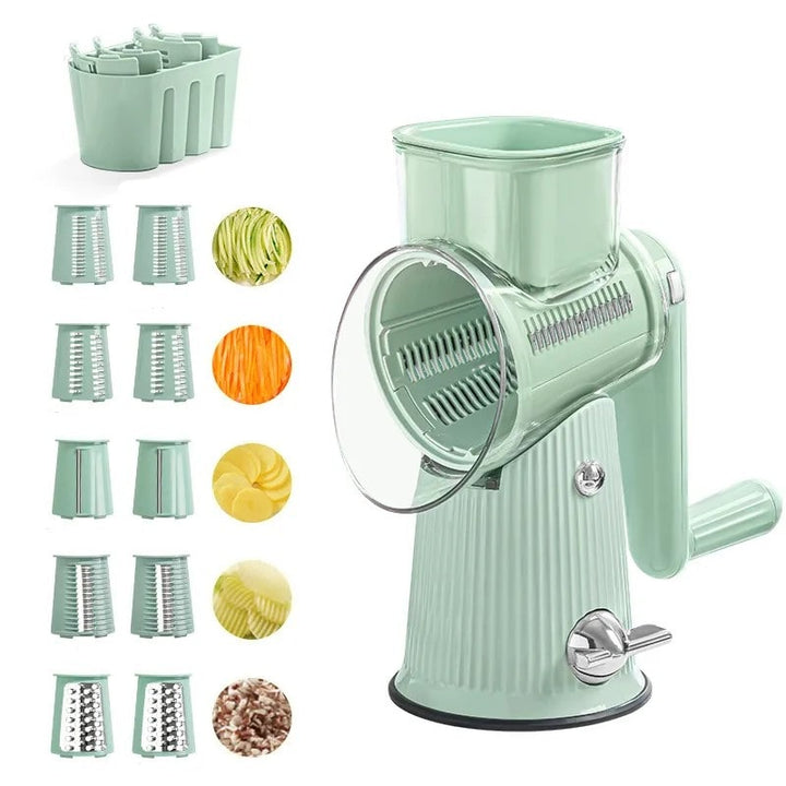 SliceMaster food chopper & grater with multiple blades. Makes vegetable prep efficient and safe for cooking.