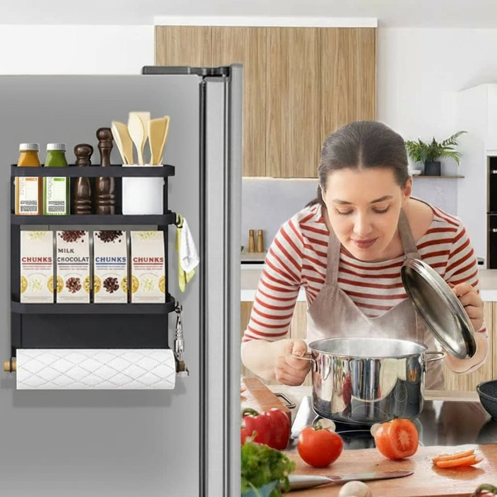 Black magnetic refrigerator spice rack with sturdy towel holder, perfect for compact kitchen spaces.