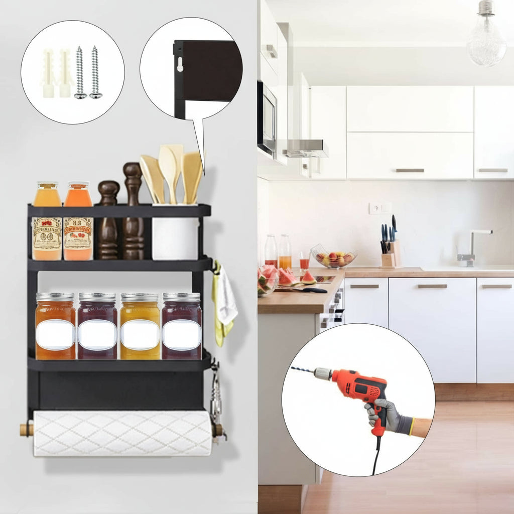 Magnetic fridge organizer shown on a white refrigerator, keeping spices and paper towels neatly arranged.