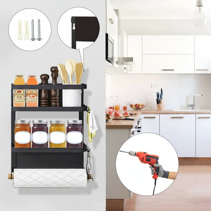 Magnetic fridge organizer shown on a white refrigerator, keeping spices and paper towels neatly arranged.