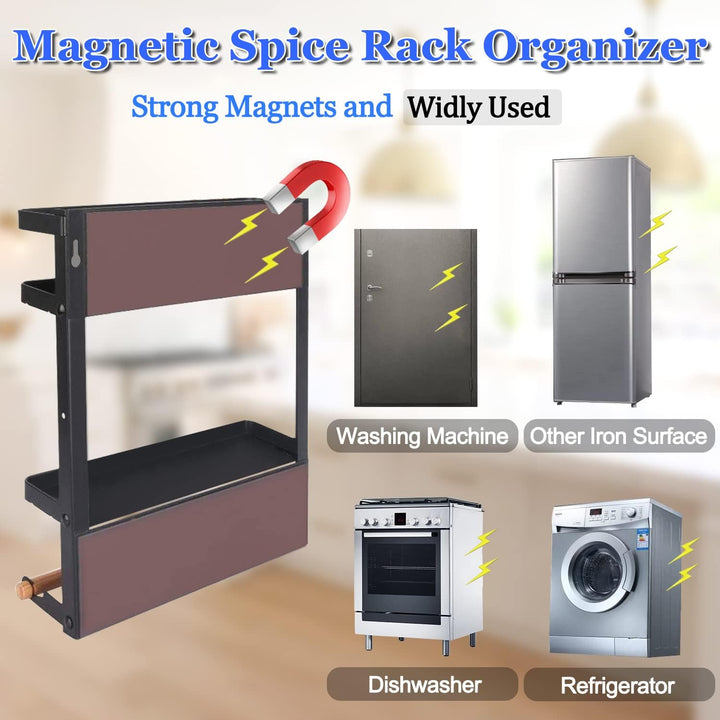 Kitchen accessory: magnetic spice rack with attached paper towel holder, enhancing home organization.