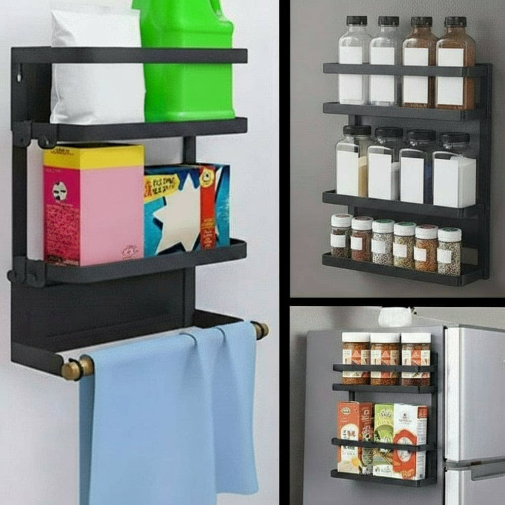 Stylish magnetic rack for fridge, providing easy access to spices and paper towels without drilling.