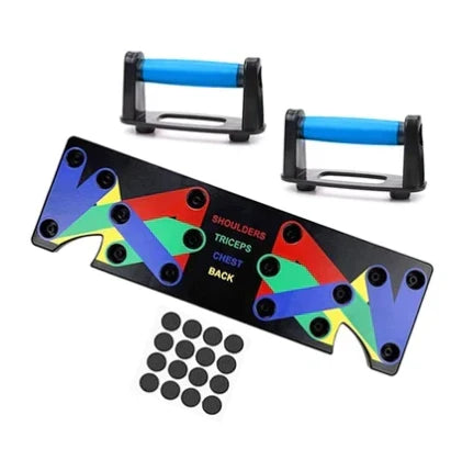 Color-coded push-up board with multiple grip positions for comprehensive upper body and chest workouts.