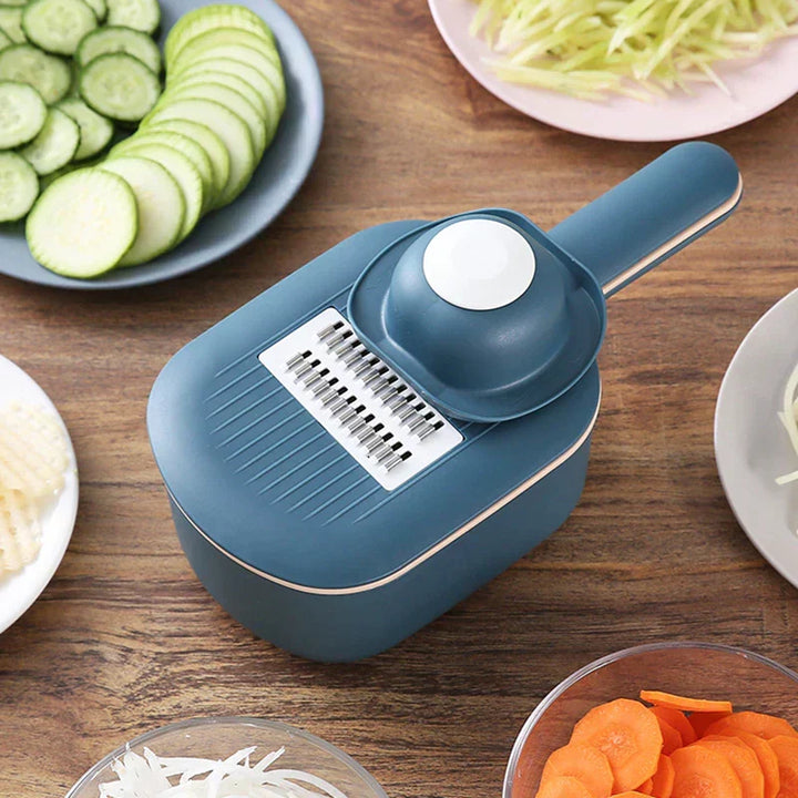 Multifunctional vegetable slicer & chopper, ChopMaster, with drain basket for quick food prep and efficient cooking.