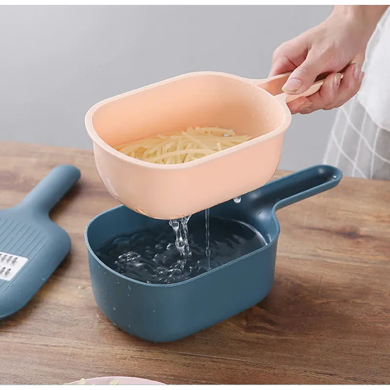 Efficient food chopper & slicer with integrated drain basket for fast vegetable washing & healthy meal prep.