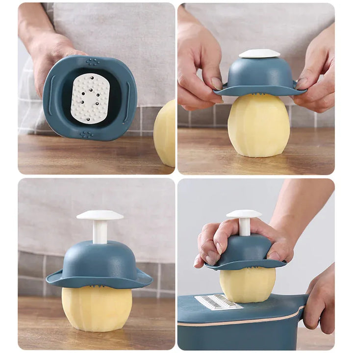 Versatile vegetable cutting tool featuring multiple blades, a grater, and a drain basket for easy kitchen food prep.