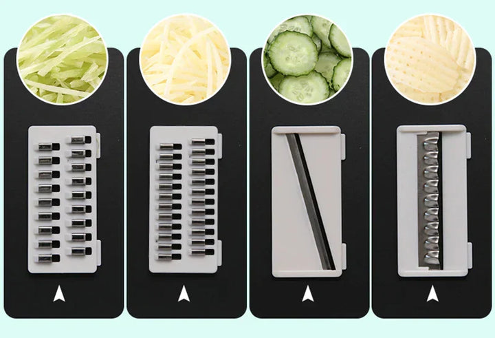 Mandoline slicer & food chopper with built-in drain basket, perfect for healthy salad making & quick food prep.