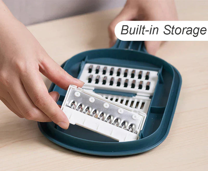 All-in-one vegetable mandoline, grater, and chopper with integrated drain basket for efficient food prep.