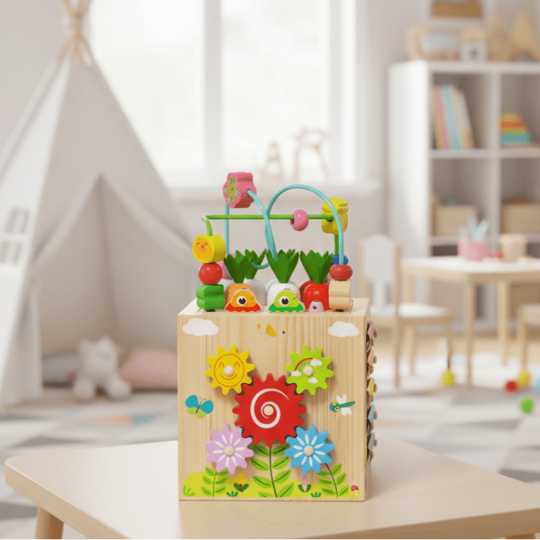 Multifunctional wooden activity cube for toddlers, promoting early development & sensory play. Features shape sorter & gears.