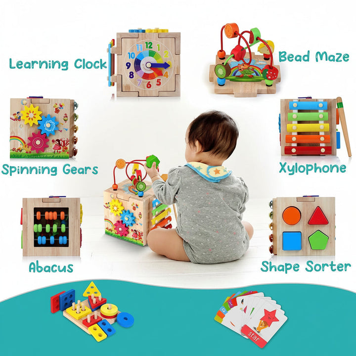 Colorful wooden activity cube with shape sorter, enhancing toddler motor skills & early learning. Educational baby gift.