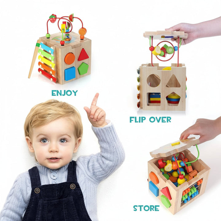 Educational wooden activity cube featuring a xylophone toy, ideal for sensory play & early development in toddlers.