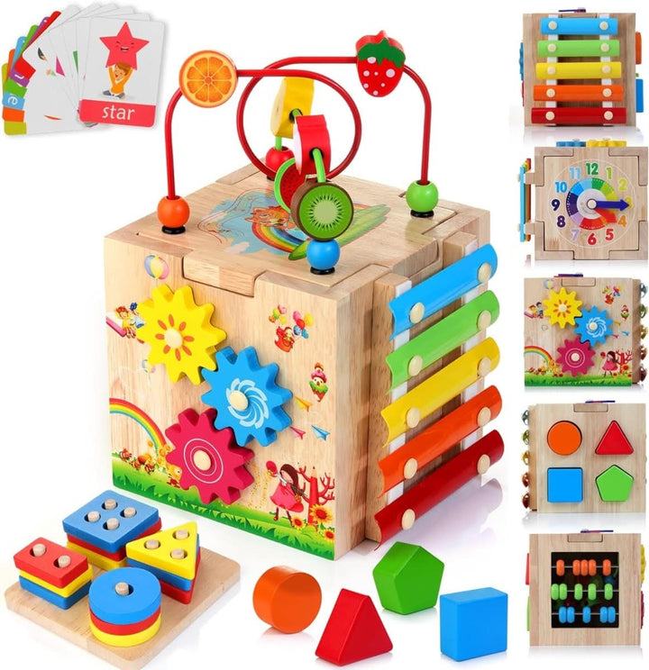 Early development activity cube for children, a learning toy enhancing motor skills, problem-solving, & sensory exploration.