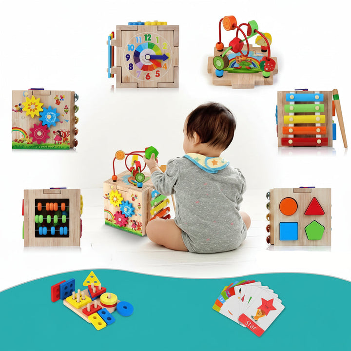 Children's educational activity cube with beads, gears & shape sorter, fostering motor skills & cognitive development.