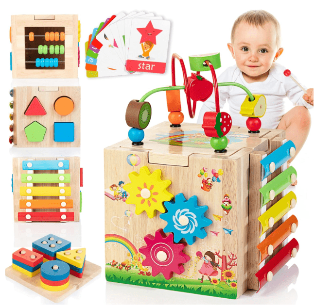 The ultimate early development activity cube, a multifunctional wooden learning toy & perfect gift for toddlers & babies.