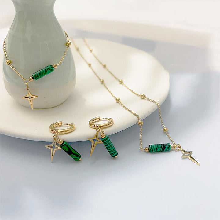 Natural Malachite star pendant necklace, earrings & bracelet set. Sterling silver, green stone women's celestial jewelry.