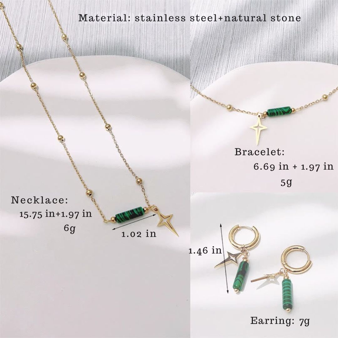 Elegant women's celestial Malachite star pendant jewelry set. Natural green stone, sterling silver fashion accessory.