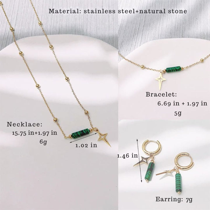 Elegant women's celestial Malachite star pendant jewelry set. Natural green stone, sterling silver fashion accessory.
