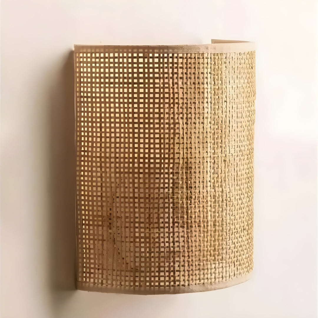 Handmade organic rattan woven wall lamp, ideal contemporary lighting fixture for walls.