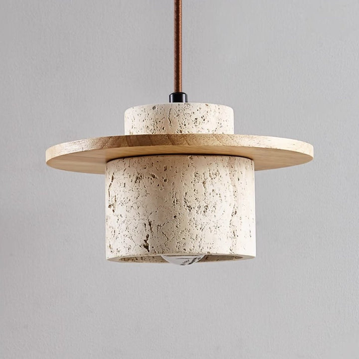 Modern travertine pendant light with wood accent, providing warm LED light for contemporary home decor.