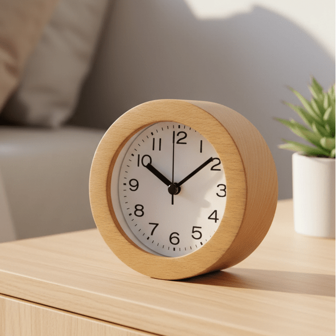 Natural wood silent alarm clock, perfect for a peaceful bedroom. Non-ticking modern LED display.