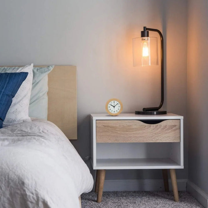 Modern natural wood alarm clock. Silent operation with clear LED display. Enhances bedroom & home decor.