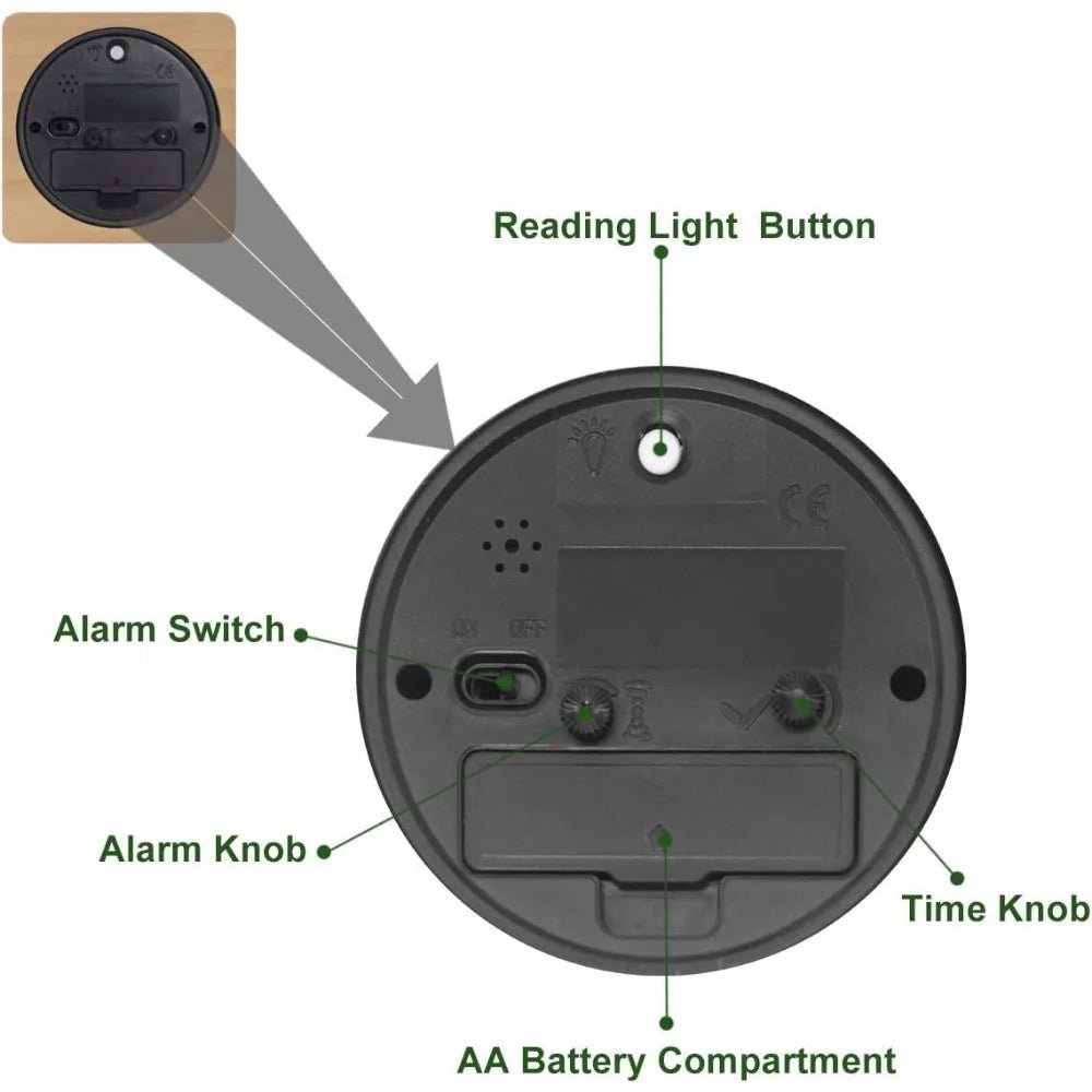 Wooden silent alarm clock. Natural wood finish, non-ticking LED display. Modern bedroom decor essential.