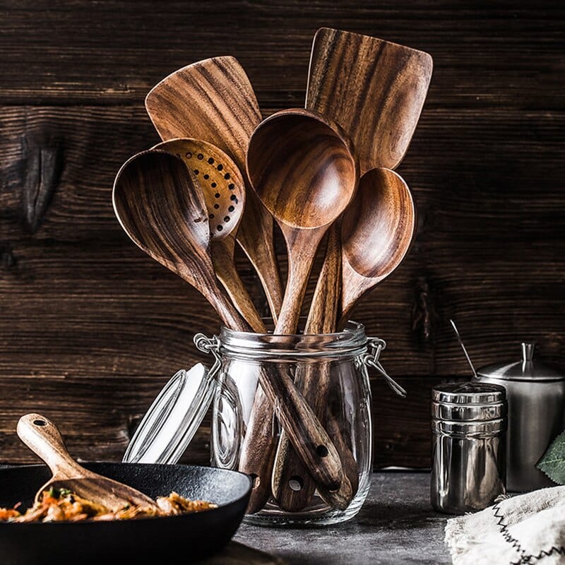 Natural Wooden Kitchen Utensil Set by RustiCook. Eco-friendly cooking tools for a sustainable kitchen.