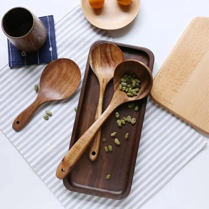 Organize your kitchen with RustiCook's natural wooden utensil set in a stylish holder.