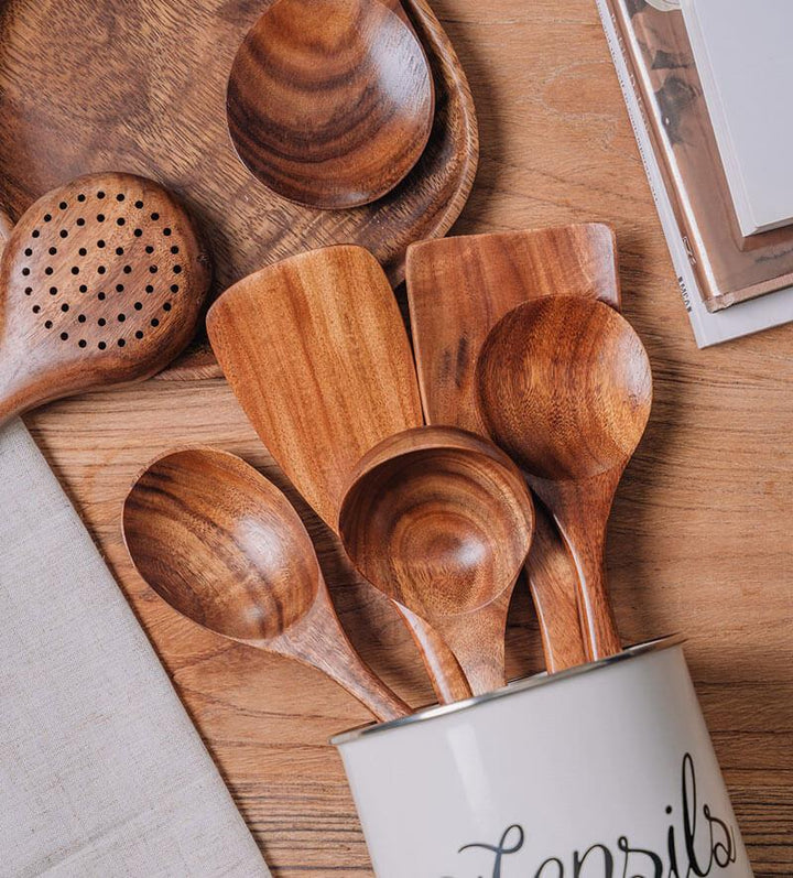 Complete natural wood cooking set, including spatulas & spoons. Perfect eco-friendly kitchen tools.